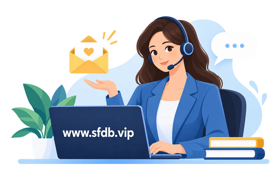 盛丰网客服插画，电脑上显示 www.sfdb.vip